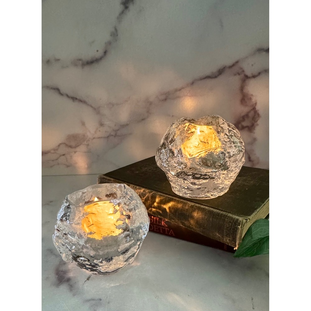 Kosta Boda Snowball Votive Candle Holders Set of 2 Ann Warff Swedish Glass Clear